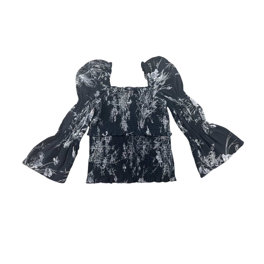 Cinq à Sept Blouse Women S Black Floral Smocked 100% Silk Peplum Romantic Boho